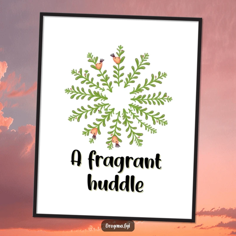 Funny digital art: Happy oregano sprigs dance in a fragrant circle, a beautiful and joyful composition.