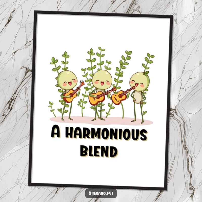 Funny digital art print of oregano sprigs happily harmonizing with leaf-shaped instruments, whimsical and musical herb-themed illustration.