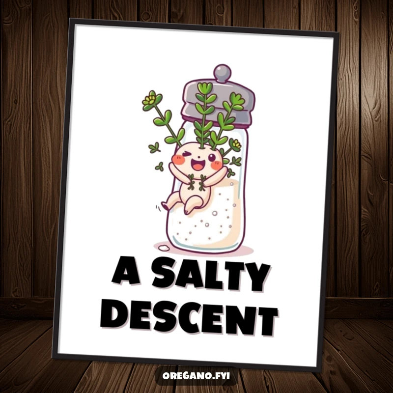 Funny oregano sprig character sliding down a salt shaker, depicted as a digital art print, ready to bring playful fun home.