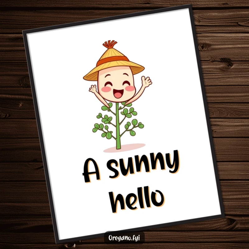 Cheerful oregano sprig character in a straw hat waves hello, bringing sunny, herbal humor to digital art.