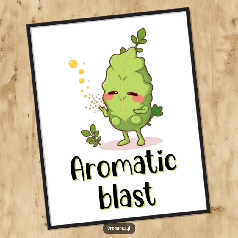 Funny digital art print of a sneezing oregano leaf character releasing aromatic herb dust, a whimsical wall decor piece.
