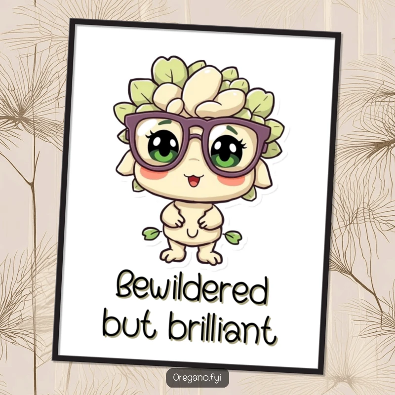 Funny oregano sprig character wearing oversized glasses on a poster, looking bewildered but pleased, as a digital art print.