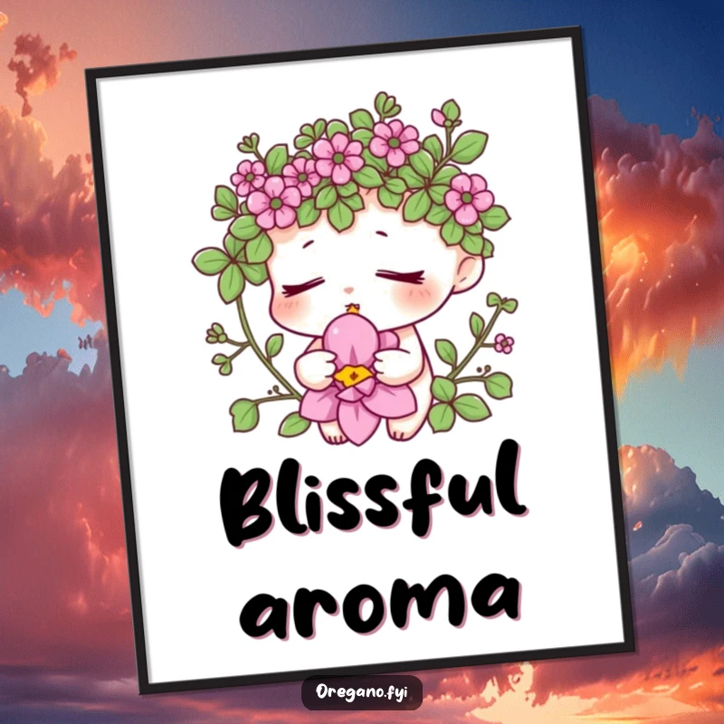 Funny oregano zen digital art print of a peaceful herb character smelling a flower, perfect for adding calm to any room's decor.