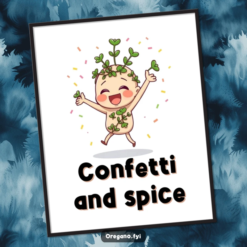 Funny oregano sprig character dancing with confetti, digital art print for festive, humorous decor.