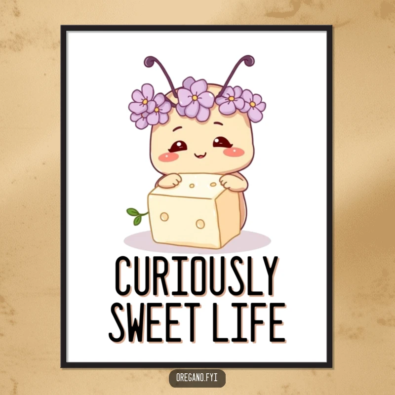 Funny digital art print of a smiling oregano herb with two tiny antennae, curiously inspecting a sugar cube, creating a whimsical scene.