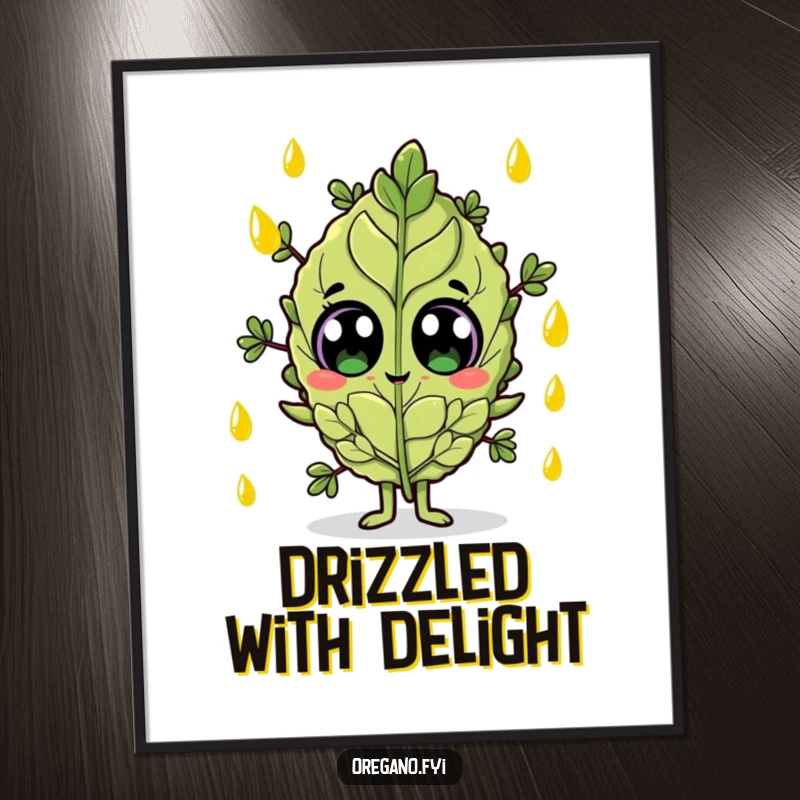 Funny digital art print of a wide-eyed oregano leaf character being showered by olive oil droplets.