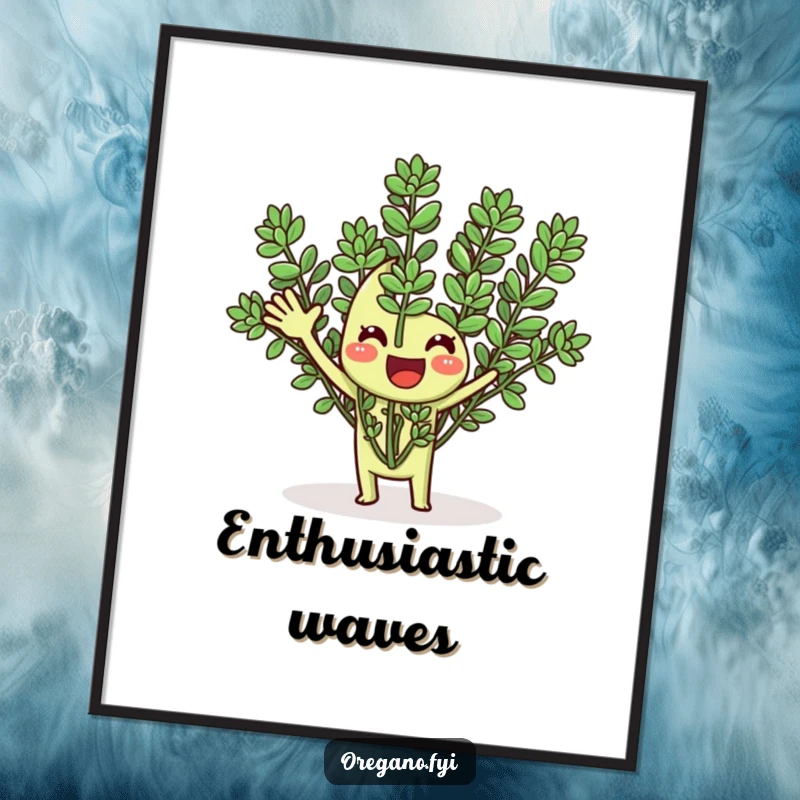 Funny digital art print of a happy oregano herb energetically waving its fronds, creating a welcoming and cheerful scene.