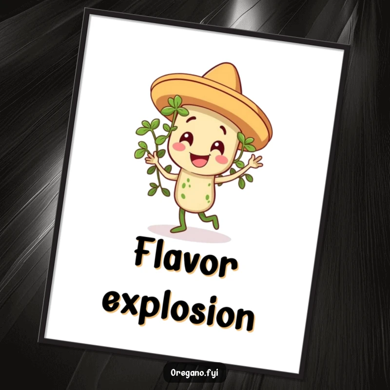 Funny digital art print of a smiling oregano sprig in a miniature sombrero, dancing with zest and vibrant energy.