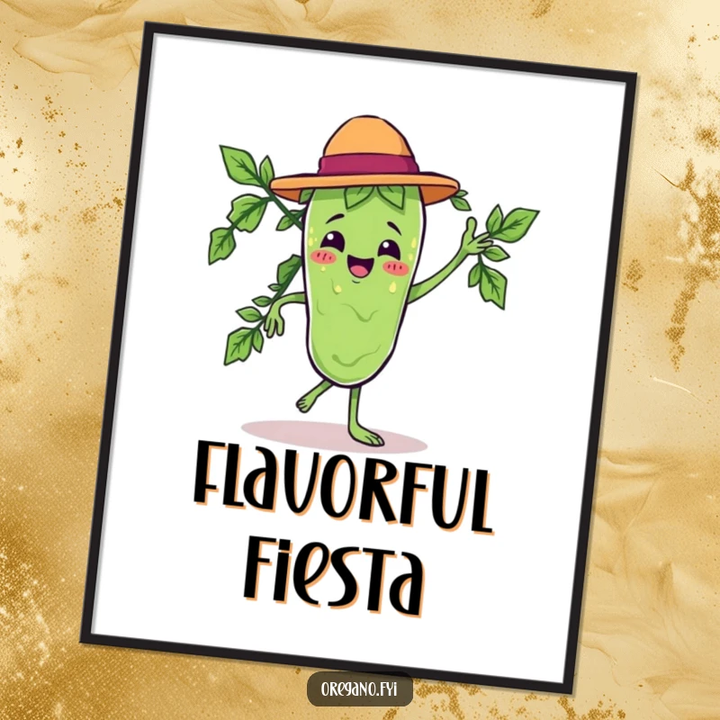Funny digital art print of a Kawaii oregano leaf character joyfully performing a dramatic salsa dance.