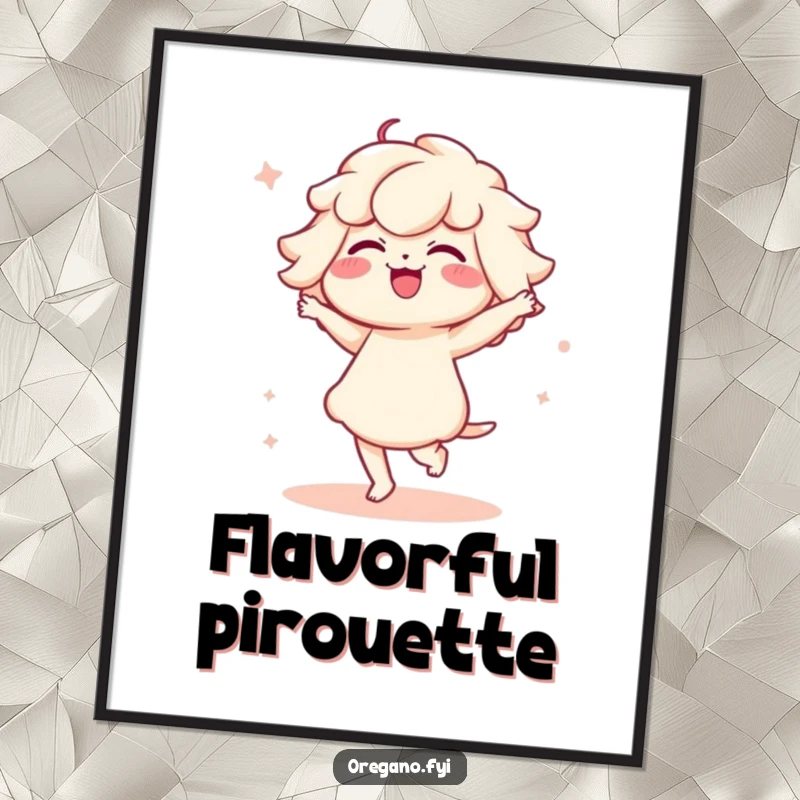 Funny digital art print of a Kawaii oregano character performing a funny, delicate, and charming dance.