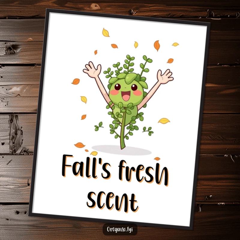 Funny digital art print of an excited oregano sprig gleefully catching vibrant falling autumn leaves, full of seasonal joy.