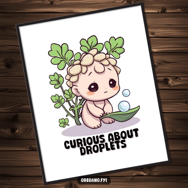 Funny Oregano digital art print, a curious herb character observing a dewdrop on a leaf, creating serene and humorous visuals. An instant download gift.