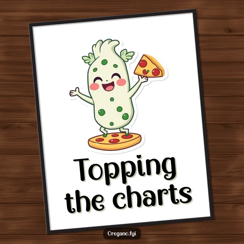 Funny digital art print of an oregano character dancing on a pizza slice, whimsical and joyful pizza-themed illustration.