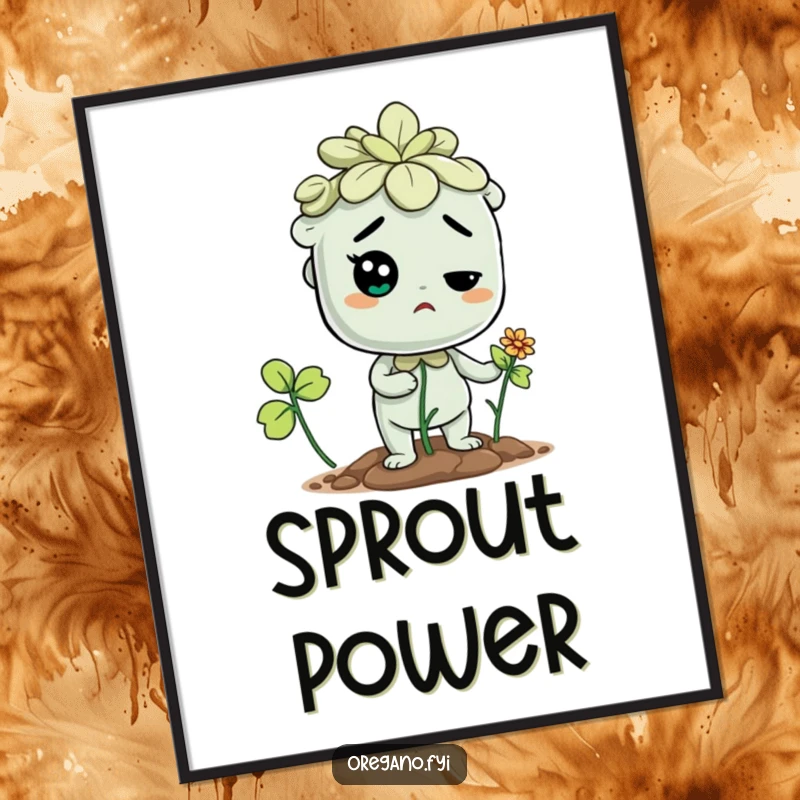 Funny digital art print of a determined oregano character focused on sprouting a flower, symbolizing perseverance and growth.