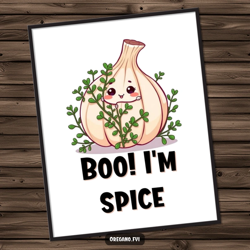 Funny kawaii oregano sprig character playing hide-and-seek behind a large garlic clove, presented as a charming digital art print.