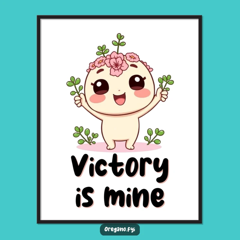 Funny Kawaii Oregano Victory Digital Art: Instant Herb Cheer, Hilarious Wall Decor