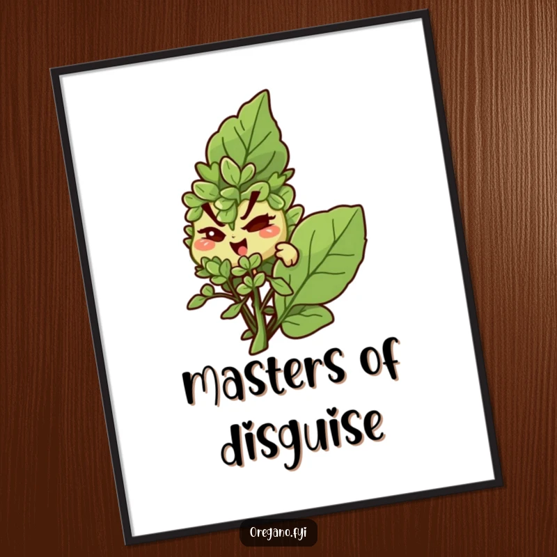 Funny digital art: A mischievous oregano character winks from behind a basil leaf, a playful print.