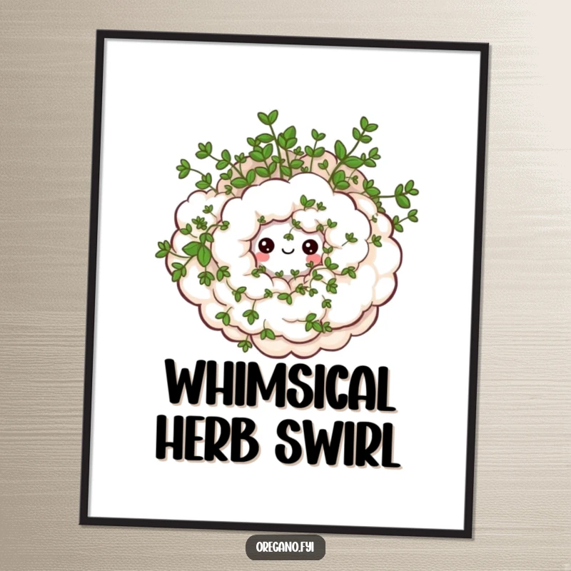 Funny digital art of a swirling oregano cloud with small, happy eyes, perfect for adding a touch of joy and aroma.