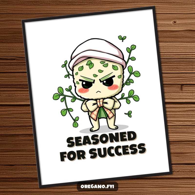 Funny digital art of a determined oregano character comically attempting to tie a culinary bow, offering instant humorous wall decor.