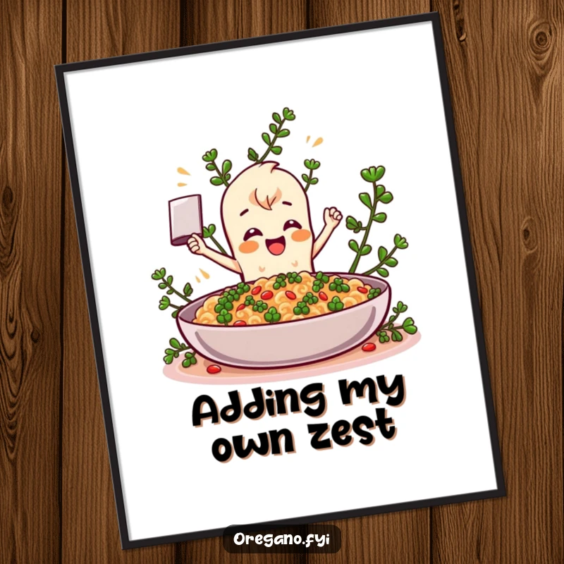 Funny Oregano digital art print, a dynamic herb character enthusiastically seasoning a colossal dish, showcasing vibrant colors and humor. An instant download gift.