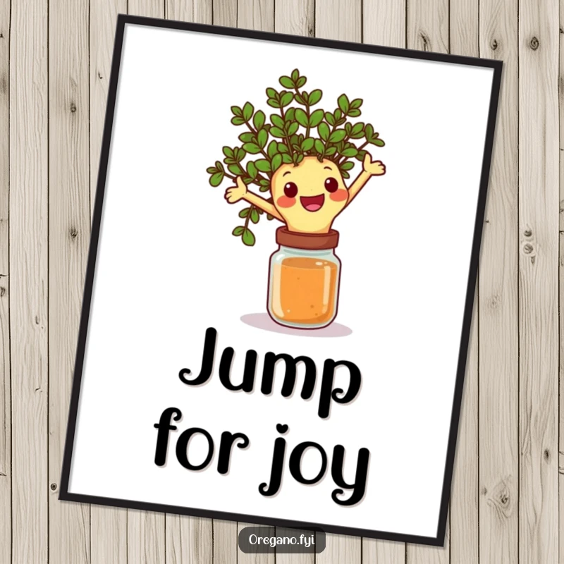 Funny digital art print of a happy oregano sprig character joyfully leaping over a spice jar, offering instant wall decor with dynamic, humorous flair.
