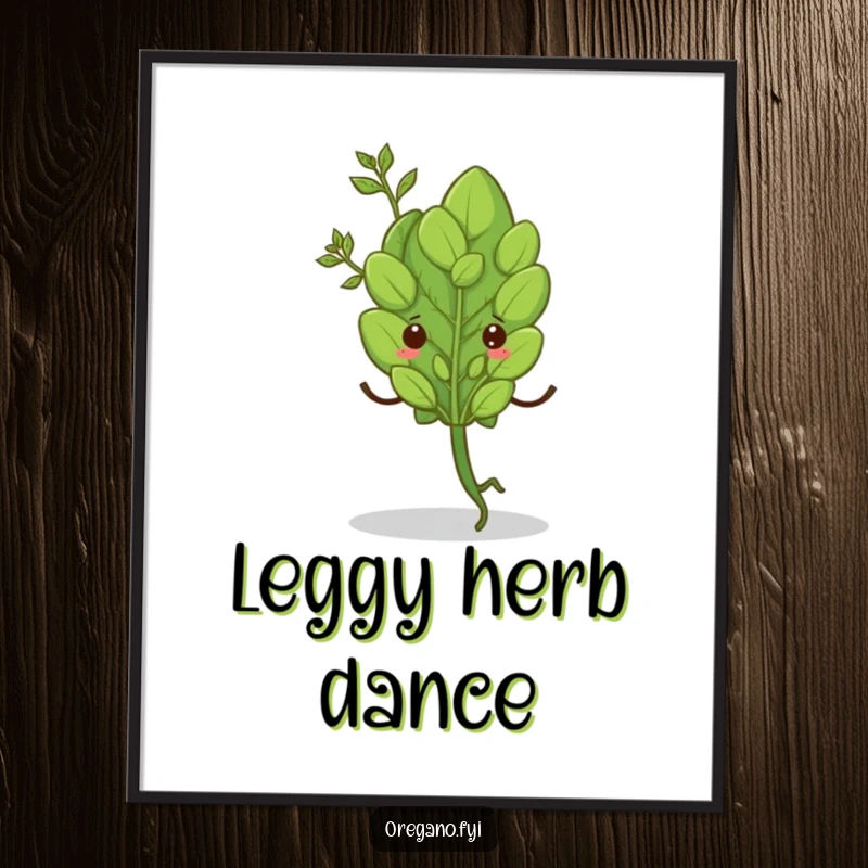 Funny digital art featuring a single oregano leaf with tiny legs doing a joyful shimmy, perfect for adding spice.