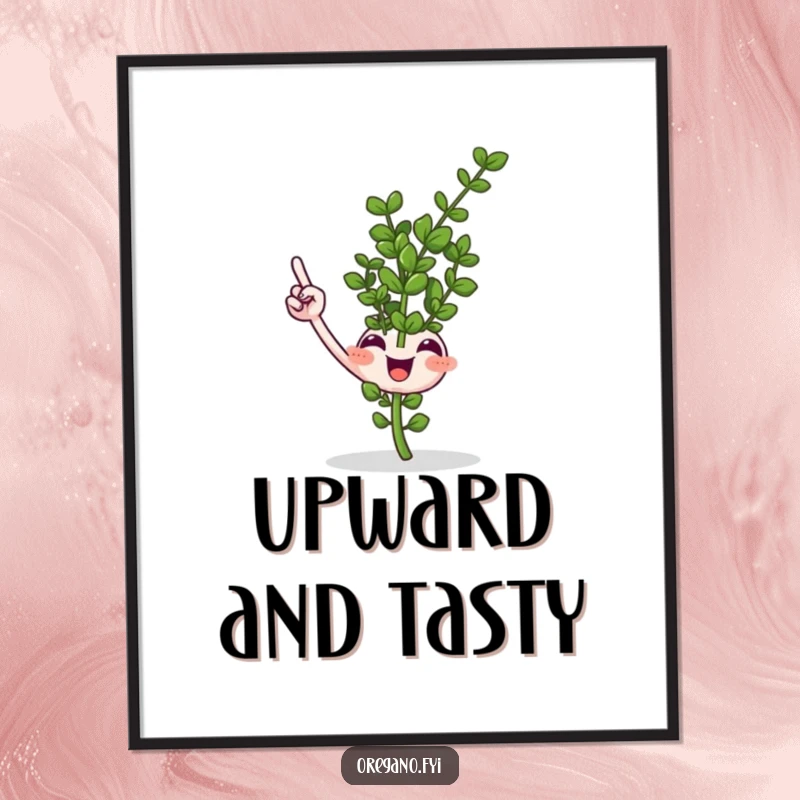 Funny smiling oregano sprig digital art print pointing upwards with a tiny leaf, instant download for humorous and directional decor.