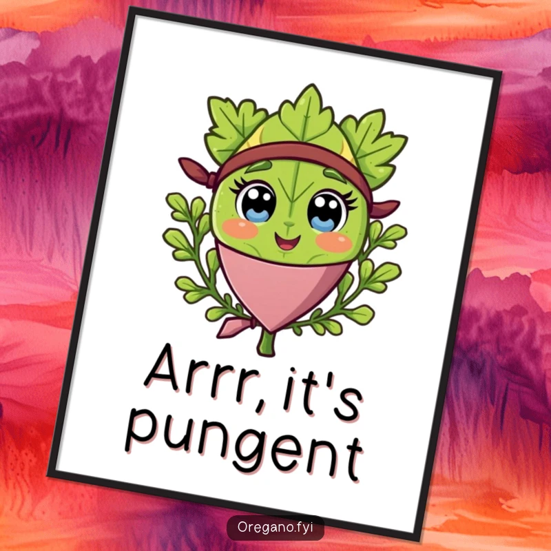 Funny digital art print of a happy oregano leaf character wearing a pirate bandana, evoking adventurous humor.