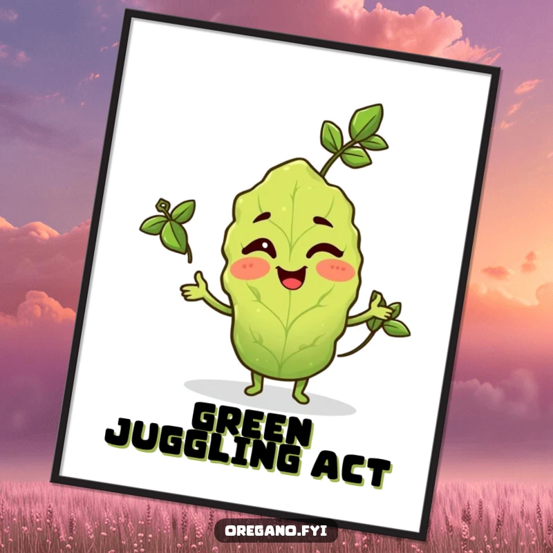 Funny digital art print of a winking oregano leaf character juggling three basil leaves with charm.