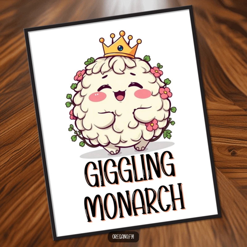 Funny plump oregano character digital art print giggling while wearing a tiny crown, instant download for regal and humorous decor.