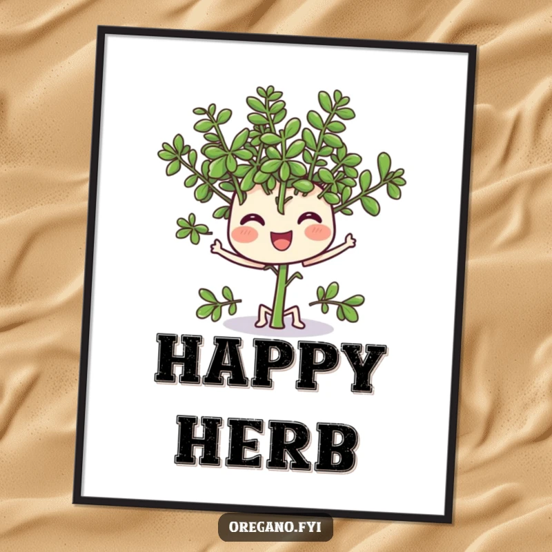 Funny digital art print of a cheerful oregano character wiggling its leaves, bringing vibrant, herbaceous joy to the wall.