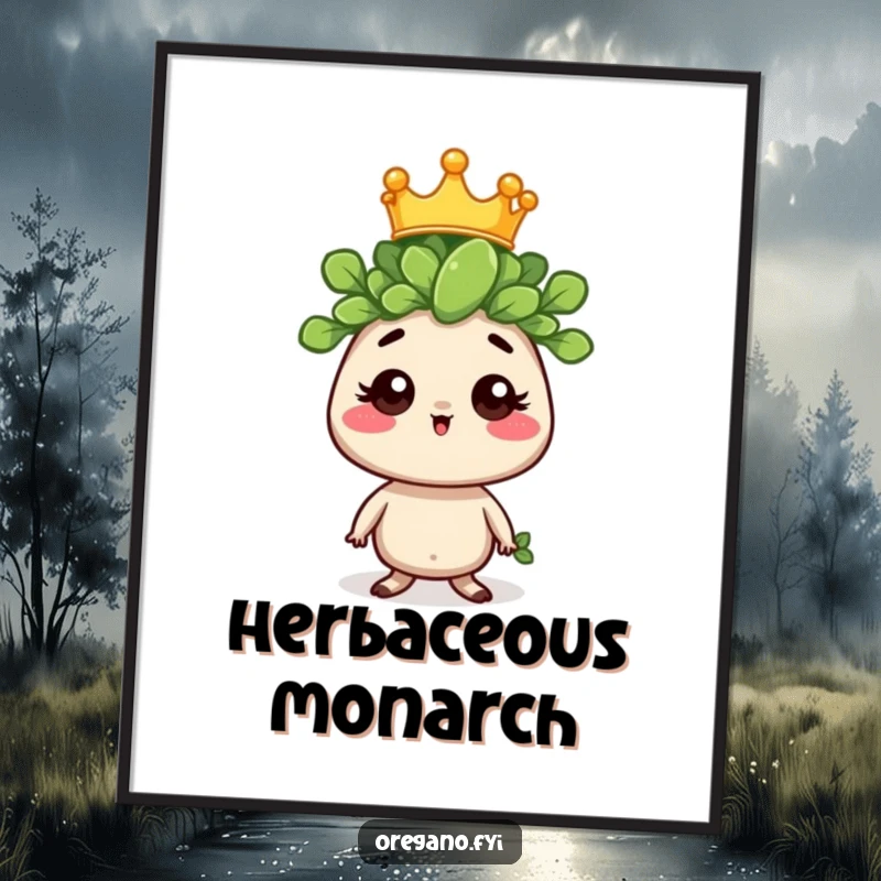 Funny digital art print of a regal oregano sprig character wearing a tiny crown, offering instant wall decor with sophisticated, amusing charm.