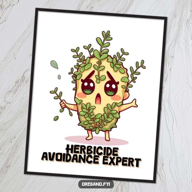 Funny digital art: An oregano character comically dodges a falling herb sprig, depicted in a humorous print.