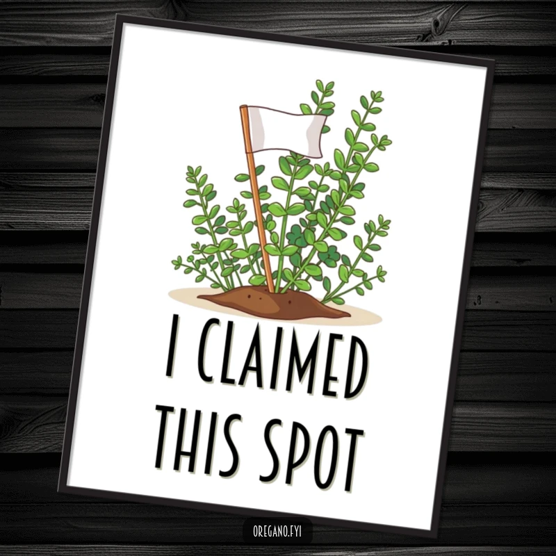 Funny Oregano Victory Flag Digital Art: A triumphant oregano sprig planting a miniature flag, celebrating success.