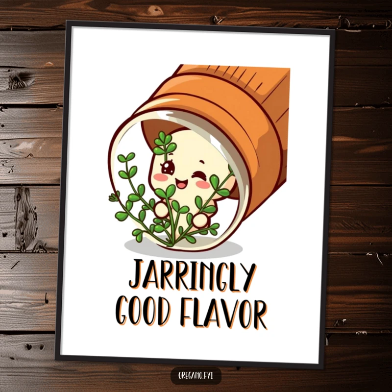 Funny digital art: A satisfied oregano character peeks from a spice jar, a peaceful and happy print.