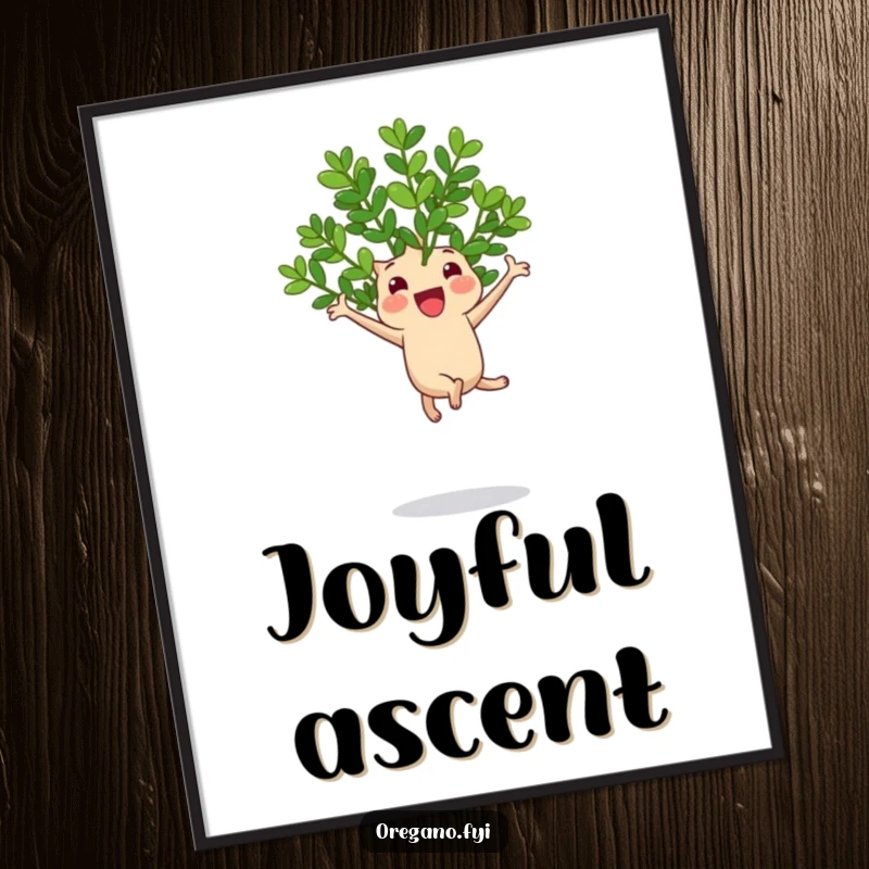 Funny digital art print of a cheerful oregano sprig performing an exhilarating and joyful jump on a bouncy leaf.