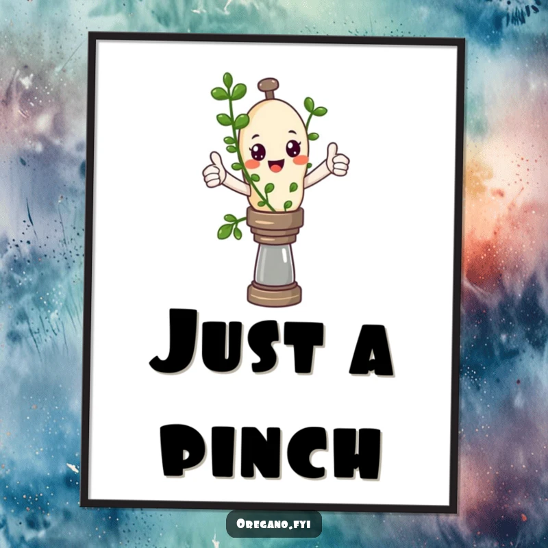 Funny Kawaii oregano sprig giving a thumbs up atop a pepper mill, high-resolution digital art for humorous decor.