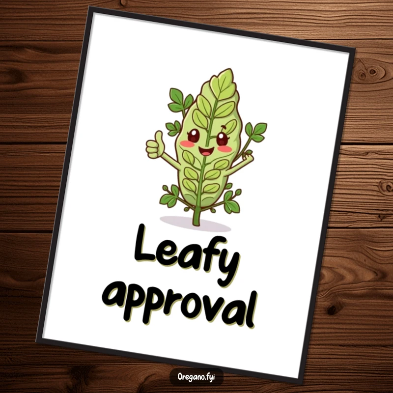 Funny digital art of an oregano leaf with tiny arms giving a thumbs up, perfect for adding positive affirmation and charm.