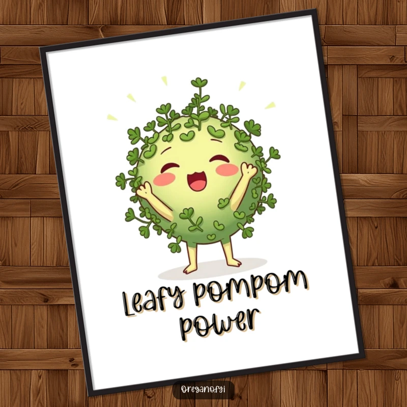 Funny round oregano character digital art print cheering loudly with tiny leaf-like pom-poms, instant download for spirited and humorous decor.