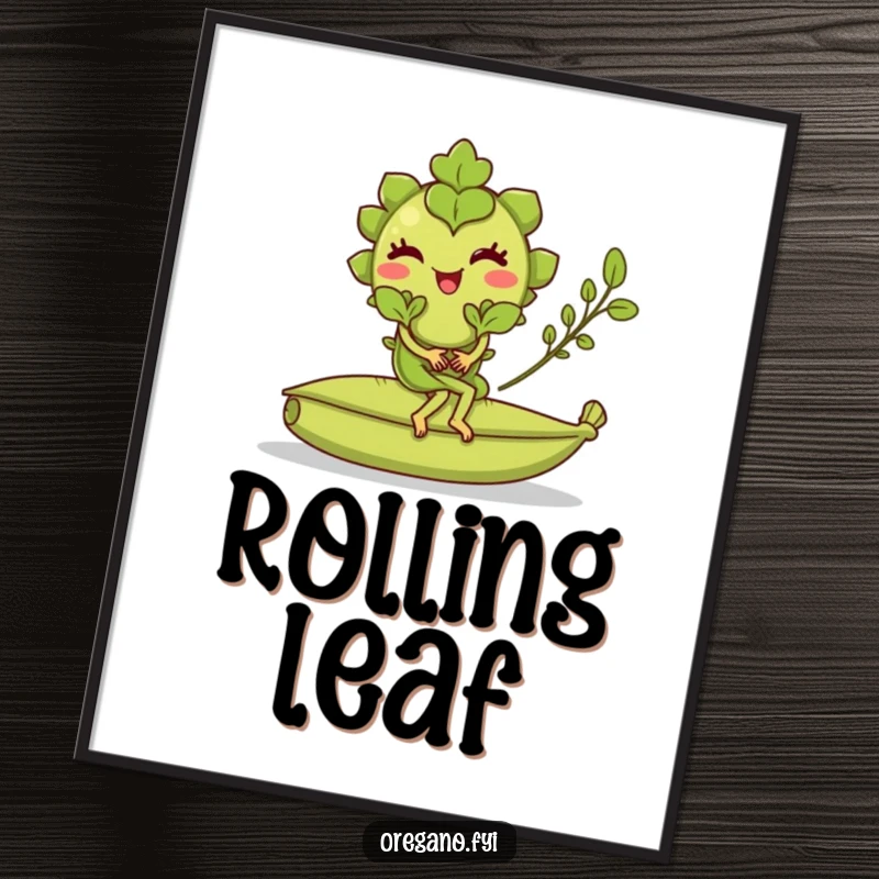 Funny digital art print of a winking oregano leaf character riding a rolling bay leaf, whimsical culinary wall decor.