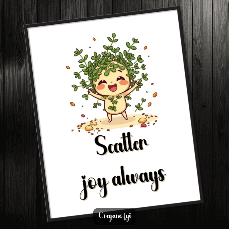 Funny Oregano Digital Art Print: A scattering kawaii oregano sprig joyfully tosses imaginary spices, ready to charm a room.