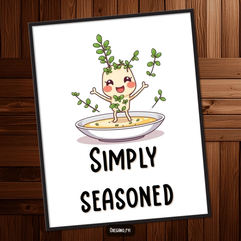 Funny digital art print of a cheerful oregano sprig character joyfully sprinkling itself onto a dish, whimsical culinary illustration.