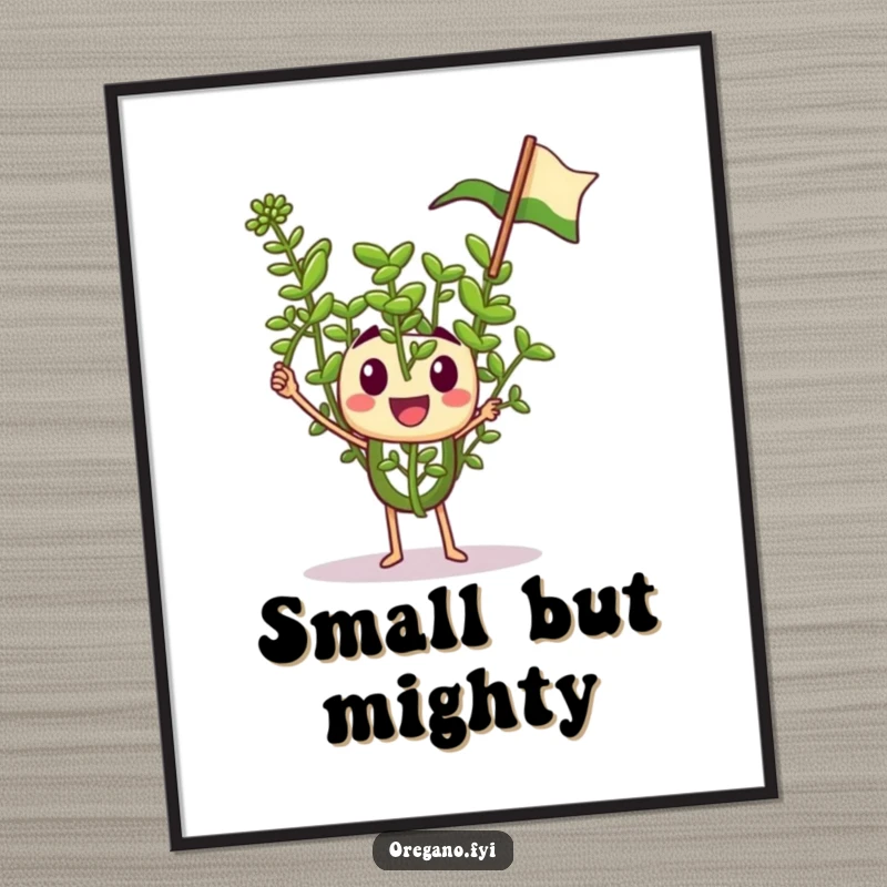 Funny digital art print of a tiny oregano sprig character enthusiastically waving a miniature flag, instant spirited decor.