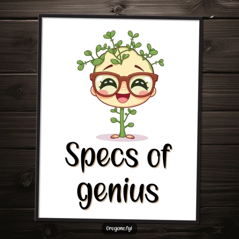 Funny digital art print of a giggling oregano sprig wearing comical oversized spectacles, vibrant and humorous herb-themed artwork.