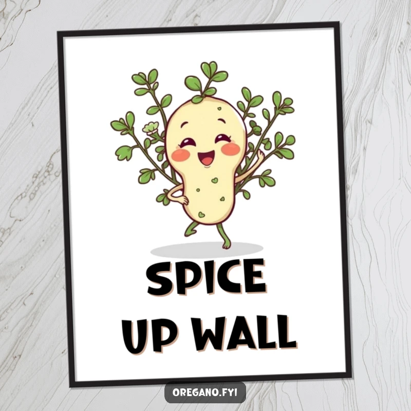 Funny digital art print of a smiling oregano sprig character doing a lively jig, bringing instant herbal cheer and culinary delight to any room.