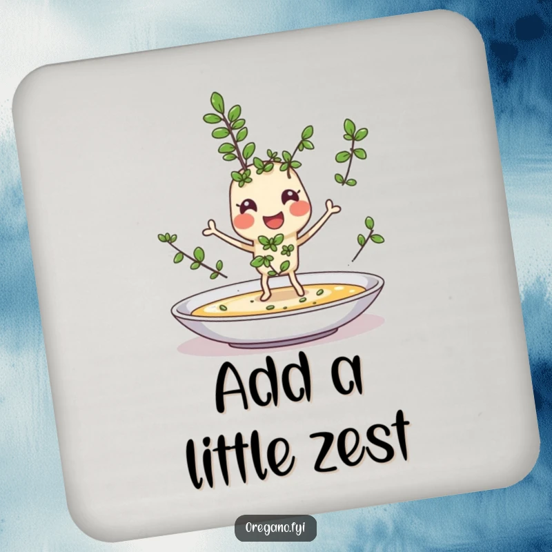 Funny drink coaster featuring a cheerful oregano sprig character joyfully sprinkling itself onto a dish, adding culinary humor to drink settings.