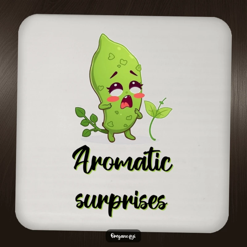 Funny drink coaster with a surprised oregano leaf being tickled by a tiny basil leaf, for humorous tables.