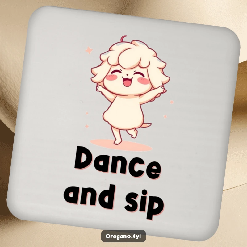 Funny drink coaster showing a Kawaii oregano character in a funny, delicate dance, adding a decorative touch.