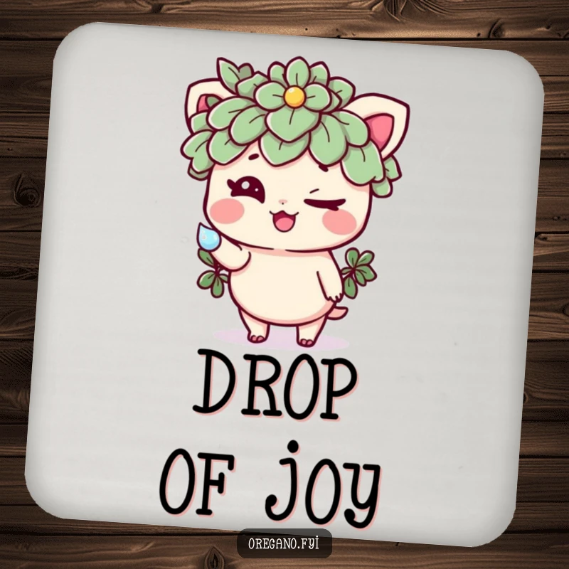 Funny coaster featuring a mischievous oregano character winking and offering a sparkling dewdrop, a charming and humorous protective table accessory.