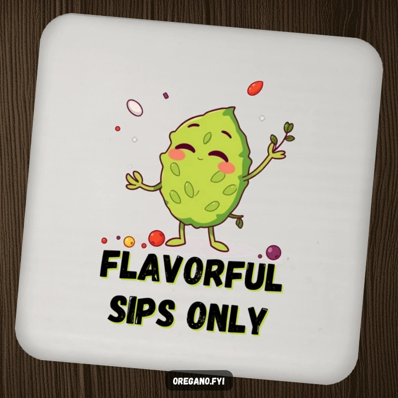 Funny Drink Coaster featuring a giggling oregano leaf character juggling spices, adding a protective and humorous element.